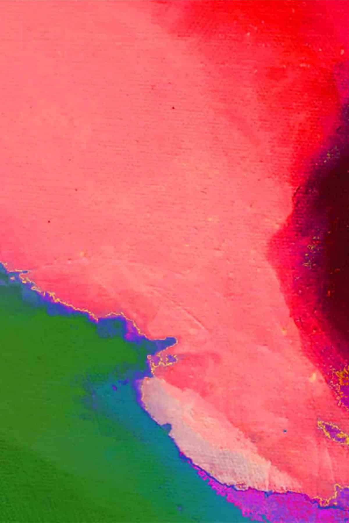 Deel van een schilderij met een roos: dit deel is in verschillende tinten roze en rood en groen - Rozegaard