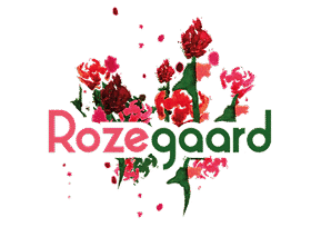 Logo rozegaard: de naam rozegaard en geschilderde rozen in roze en groene kleuren